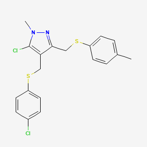 molecular formula C19H18Cl2N2S2 B2376624 5-Chloro-4-[(4-chlorophenyl)sulfanylmethyl]-1-methyl-3-[(4-methylphenyl)sulfanylmethyl]pyrazole CAS No. 318248-65-6