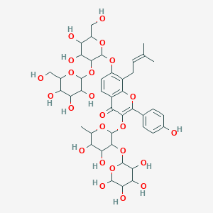 molecular formula C43H56O24 B237663 7-[4,5-Dihydroxy-6-(hydroxymethyl)-3-[3,4,5-trihydroxy-6-(hydroxymethyl)oxan-2-yl]oxyoxan-2-yl]oxy-3-[4,5-dihydroxy-6-methyl-3-(3,4,5,6-tetrahydroxyoxan-2-yl)oxyoxan-2-yl]oxy-2-(4-hydroxyphenyl)-8-(3-methylbut-2-enyl)chromen-4-one CAS No. 137218-01-0