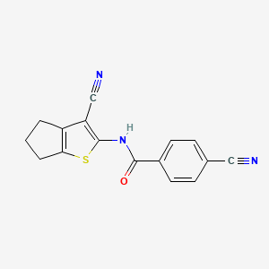molecular formula C16H11N3OS B2376664 4-cyano-N-(3-cyano-5,6-dihydro-4H-cyclopenta[b]thiophen-2-yl)benzamide CAS No. 325979-42-8