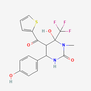 molecular formula C17H15F3N2O4S B2376697 6-hydroxy-4-(4-hydroxyphenyl)-1-methyl-5-(thiophen-2-ylcarbonyl)-6-(trifluoromethyl)tetrahydropyrimidin-2(1H)-one CAS No. 1005041-51-9