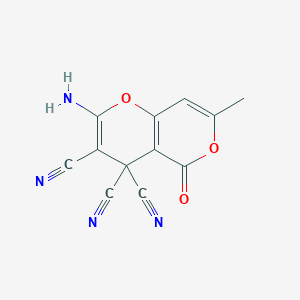 molecular formula C12H6N4O3 B2376698 2-amino-7-methyl-5-oxo-4H,5H-pyrano[4,3-b]pyran-3,4,4-tricarbonitrile CAS No. 41278-96-0