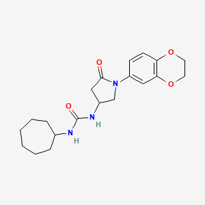 molecular formula C20H27N3O4 B2376733 1-Cycloheptyl-3-(1-(2,3-dihydrobenzo[b][1,4]dioxin-6-yl)-5-oxopyrrolidin-3-yl)urea CAS No. 894038-17-6