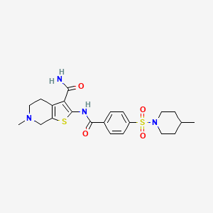 molecular formula C22H28N4O4S2 B2376762 6-甲基-2-[[4-(4-甲基哌啶-1-基)磺酰基苯甲酰]氨基]-5,7-二氢-4H-噻吩并[2,3-c]吡啶-3-甲酰胺 CAS No. 449767-18-4