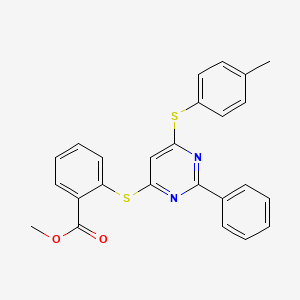 molecular formula C25H20N2O2S2 B2376794 Methyl 2-({6-[(4-methylphenyl)sulfanyl]-2-phenyl-4-pyrimidinyl}sulfanyl)benzenecarboxylate CAS No. 478067-35-5