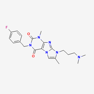 molecular formula C21H25FN6O2 B2376848 8-(3-(dimethylamino)propyl)-3-(4-fluorobenzyl)-1,7-dimethyl-1H-imidazo[2,1-f]purine-2,4(3H,8H)-dione CAS No. 903187-56-4