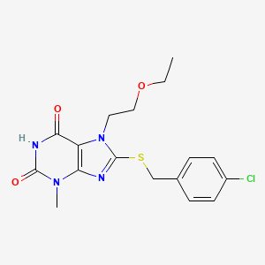 molecular formula C17H19ClN4O3S B2376867 8-((4-chlorobenzyl)thio)-7-(2-ethoxyethyl)-3-methyl-1H-purine-2,6(3H,7H)-dione CAS No. 442864-68-8