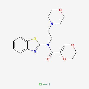molecular formula C18H22ClN3O4S B2376879 N-(benzo[d]thiazol-2-yl)-N-(2-morpholinoethyl)-5,6-dihydro-1,4-dioxine-2-carboxamide hydrochloride CAS No. 1216400-05-3