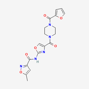 molecular formula C18H17N5O6 B2376915 N-(4-(4-(furan-2-carbonyl)piperazine-1-carbonyl)oxazol-2-yl)-5-methylisoxazole-3-carboxamide CAS No. 1421466-80-9