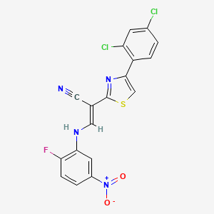 molecular formula C18H9Cl2FN4O2S B2376983 (E)-2-(4-(2,4-dichlorophenyl)thiazol-2-yl)-3-((2-fluoro-5-nitrophenyl)amino)acrylonitrile CAS No. 477298-11-6