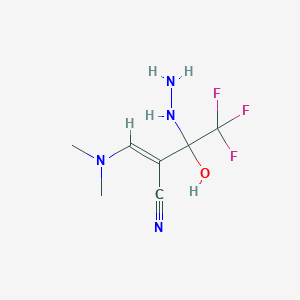 molecular formula C7H11F3N4O B2376999 (2E)-2-(dimethylaminomethylidene)-4,4,4-trifluoro-3-hydrazinyl-3-hydroxybutanenitrile CAS No. 400086-95-5