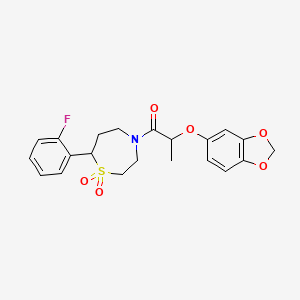 molecular formula C21H22FNO6S B2377024 2-(Benzo[d][1,3]dioxol-5-yloxy)-1-(7-(2-fluorophenyl)-1,1-dioxido-1,4-thiazepan-4-yl)propan-1-one CAS No. 2034384-57-9