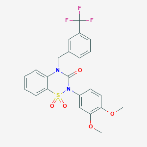 molecular formula C23H19F3N2O5S B2377057 2-(3,4-dimethoxyphenyl)-4-(3-(trifluoromethyl)benzyl)-2H-benzo[e][1,2,4]thiadiazin-3(4H)-one 1,1-dioxide CAS No. 942035-38-3