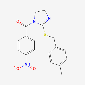 molecular formula C18H17N3O3S B2377077 (2-((4-methylbenzyl)thio)-4,5-dihydro-1H-imidazol-1-yl)(4-nitrophenyl)methanone CAS No. 851805-17-9