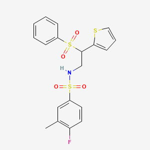 molecular formula C19H18FNO4S3 B2377080 N-[2-(benzenesulfonyl)-2-(thiophen-2-yl)ethyl]-4-fluoro-3-methylbenzene-1-sulfonamide CAS No. 896342-10-2