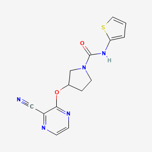 molecular formula C14H13N5O2S B2377084 3-((3-cyanopyrazin-2-yl)oxy)-N-(thiophen-2-yl)pyrrolidine-1-carboxamide CAS No. 2034397-71-0
