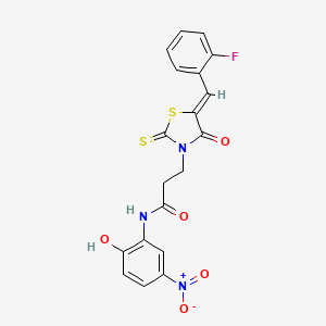 molecular formula C19H14FN3O5S2 B2377166 3-[(5Z)-5-[(2-fluorophenyl)methylidene]-4-oxo-2-sulfanylidene-1,3-thiazolidin-3-yl]-N-(2-hydroxy-5-nitrophenyl)propanamide CAS No. 477488-20-3