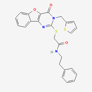 2-{[4-oxo-3-(thiophen-2-ylmethyl)-3,4-dihydro[1]benzofuro[3,2-d]pyrimidin-2-yl]sulfanyl}-N-(2-phenylethyl)acetamide