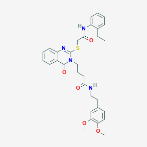 molecular formula C32H36N4O5S B2377318 N-[2-(3,4-dimethoxyphenyl)ethyl]-4-[2-[2-(2-ethylanilino)-2-oxoethyl]sulfanyl-4-oxoquinazolin-3-yl]butanamide CAS No. 422282-62-0