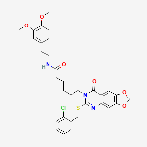 molecular formula C32H34ClN3O6S B2377366 6-(6-((2-chlorobenzyl)thio)-8-oxo-[1,3]dioxolo[4,5-g]quinazolin-7(8H)-yl)-N-(3,4-dimethoxyphenethyl)hexanamide CAS No. 688061-52-1