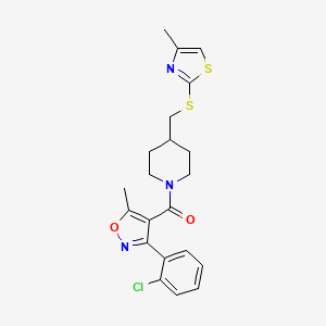 molecular formula C21H22ClN3O2S2 B2377415 (3-(2-氯苯基)-5-甲基异恶唑-4-基)(4-(((4-甲基噻唑-2-基)硫代)甲基)哌啶-1-基)甲苯酮 CAS No. 1421516-97-3