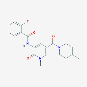 molecular formula C20H22FN3O3 B2377427 2-fluoro-N-(1-methyl-5-(4-methylpiperidine-1-carbonyl)-2-oxo-1,2-dihydropyridin-3-yl)benzamide CAS No. 1105242-29-2
