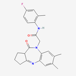 molecular formula C23H24FN3O2 B2377452 2-(6,7-dimethyl-10-oxo-2,3,10,10a-tetrahydrobenzo[b]cyclopenta[e][1,4]diazepin-9(1H)-yl)-N-(4-fluoro-2-methylphenyl)acetamide CAS No. 1251557-28-4