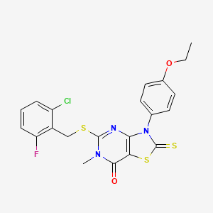 molecular formula C21H17ClFN3O2S3 B2377483 5-((2-chloro-6-fluorobenzyl)thio)-3-(4-ethoxyphenyl)-6-methyl-2-thioxo-2,3-dihydrothiazolo[4,5-d]pyrimidin-7(6H)-one CAS No. 1114604-31-7