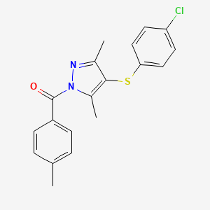 molecular formula C19H17ClN2OS B2377490 (4-((4-chlorophenyl)thio)-3,5-dimethyl-1H-pyrazol-1-yl)(p-tolyl)methanone CAS No. 302938-47-2