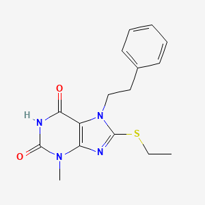 molecular formula C16H18N4O2S B2377498 8-(ethylsulfanyl)-3-methyl-7-(2-phenylethyl)-3,7-dihydro-1H-purine-2,6-dione CAS No. 332149-66-3