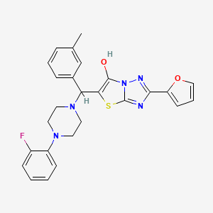 molecular formula C26H24FN5O2S B2377541 5-((4-(2-Fluorophenyl)piperazin-1-yl)(m-tolyl)methyl)-2-(furan-2-yl)thiazolo[3,2-b][1,2,4]triazol-6-ol CAS No. 887222-39-1