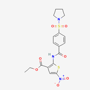 molecular formula C18H19N3O7S2 B2377560 Ethyl 5-nitro-2-[(4-pyrrolidin-1-ylsulfonylbenzoyl)amino]thiophene-3-carboxylate CAS No. 397279-00-4