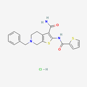 molecular formula C20H20ClN3O2S2 B2377625 6-Benzyl-2-(thiophene-2-carboxamido)-4,5,6,7-tetrahydrothieno[2,3-c]pyridine-3-carboxamide hydrochloride CAS No. 1216394-53-4