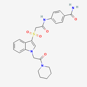 molecular formula C24H26N4O5S B2377643 4-(2-((1-(2-氧代-2-(哌啶-1-基)乙基)-1H-吲哚-3-基)磺酰)乙酰氨基)苯甲酰胺 CAS No. 878057-87-5