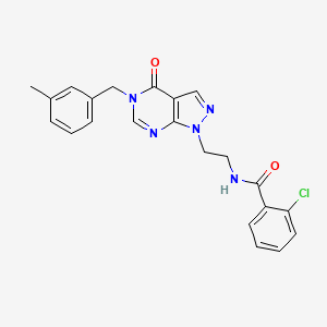 molecular formula C22H20ClN5O2 B2377649 2-氯-N-(2-(5-(3-甲基苄基)-4-氧代-4,5-二氢-1H-吡唑并[3,4-d]嘧啶-1-基)乙基)苯甲酰胺 CAS No. 922118-24-9