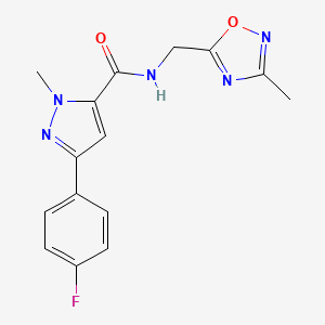 molecular formula C15H14FN5O2 B2377679 3-(4-fluorophenyl)-1-methyl-N-((3-methyl-1,2,4-oxadiazol-5-yl)methyl)-1H-pyrazole-5-carboxamide CAS No. 1235341-11-3