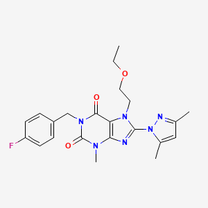 molecular formula C22H25FN6O3 B2377681 8-(3,5-dimethyl-1H-pyrazol-1-yl)-7-(2-ethoxyethyl)-1-(4-fluorobenzyl)-3-methyl-1H-purine-2,6(3H,7H)-dione CAS No. 1013992-12-5