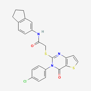 molecular formula C23H18ClN3O2S2 B2377699 2-{[3-(4-chlorophenyl)-4-oxo-3,4-dihydrothieno[3,2-d]pyrimidin-2-yl]sulfanyl}-N-(2,3-dihydro-1H-inden-5-yl)acetamide CAS No. 1261003-02-4