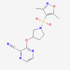 molecular formula C14H15N5O4S B2377707 3-((1-((3,5-Dimethylisoxazol-4-yl)sulfonyl)pyrrolidin-3-yl)oxy)pyrazine-2-carbonitrile CAS No. 2034576-88-8
