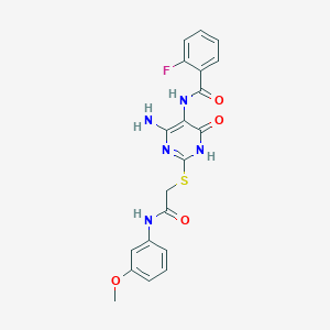 molecular formula C20H18FN5O4S B2377736 N-(4-amino-2-((2-((3-methoxyphenyl)amino)-2-oxoethyl)thio)-6-oxo-1,6-dihydropyrimidin-5-yl)-2-fluorobenzamide CAS No. 888423-29-8