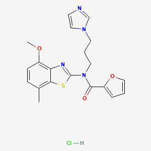 molecular formula C20H21ClN4O3S B2377739 N-(3-(1H-imidazol-1-yl)propyl)-N-(4-methoxy-7-methylbenzo[d]thiazol-2-yl)furan-2-carboxamide hydrochloride CAS No. 1215368-22-1