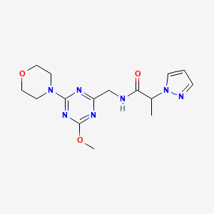molecular formula C15H21N7O3 B2377796 N-((4-methoxy-6-morpholino-1,3,5-triazin-2-yl)methyl)-2-(1H-pyrazol-1-yl)propanamide CAS No. 2034517-04-7