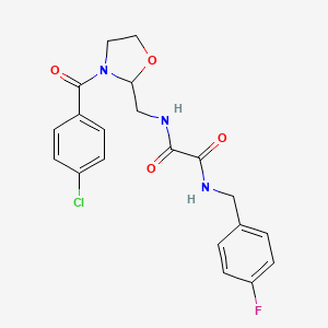 molecular formula C20H19ClFN3O4 B2377914 N-[[3-(4-chlorobenzoyl)oxazolidin-2-yl]methyl]-N''-(4-fluorobenzyl)oxamide CAS No. 874805-03-5
