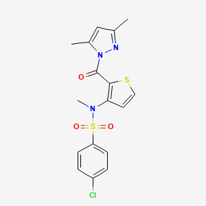 molecular formula C17H16ClN3O3S2 B2377977 4-氯-N-{2-[(3,5-二甲基-1H-吡唑-1-基)羰基]噻吩-3-基}-N-甲基苯磺酰胺 CAS No. 1325303-33-0