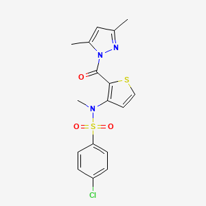 molecular formula C17H16ClN3O3S2 B2377977 4-Chlor-N-{2-[(3,5-Dimethyl-1H-pyrazol-1-yl)carbonyl]thiophen-3-yl}-N-methylbenzolsulfonamid CAS No. 1325303-33-0