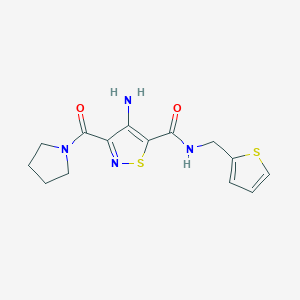 molecular formula C14H16N4O2S2 B2378087 4-amino-3-(pyrrolidine-1-carbonyl)-N-(thiophen-2-ylmethyl)isothiazole-5-carboxamide CAS No. 1286727-75-0