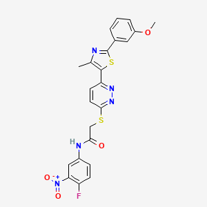 molecular formula C23H18FN5O4S2 B2378127 N-(4-氟-3-硝基苯基)-2-((6-(2-(3-甲氧苯基)-4-甲基噻唑-5-基)吡哒嗪-3-基)硫代)乙酰胺 CAS No. 923202-96-4