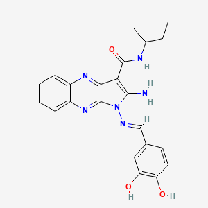 molecular formula C22H22N6O3 B2378183 (E)-2-アミノ-N-(sec-ブチル)-1-((3,4-ジヒドロキシベンジリデン)アミノ)-1H-ピロロ[2,3-b]キノキサリン-3-カルボキサミド CAS No. 714925-27-6