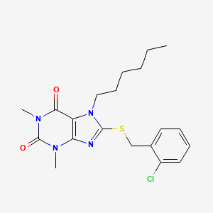 molecular formula C20H25ClN4O2S B2378189 8-((2-chlorobenzyl)thio)-7-hexyl-1,3-dimethyl-1H-purine-2,6(3H,7H)-dione CAS No. 370869-92-4