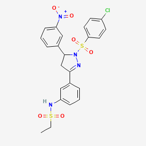 molecular formula C23H21ClN4O6S2 B2378211 N-(3-(1-((4-chlorophenyl)sulfonyl)-5-(3-nitrophenyl)-4,5-dihydro-1H-pyrazol-3-yl)phenyl)ethanesulfonamide CAS No. 851782-92-8