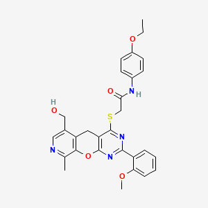 molecular formula C29H28N4O5S B2378259 N-(4-乙氧基苯基)-2-((6-(羟甲基)-2-(2-甲氧基苯基)-9-甲基-5H-吡啶并[4',3':5,6]吡喃并[2,3-d]嘧啶-4-基)硫代)乙酰胺 CAS No. 892380-32-4